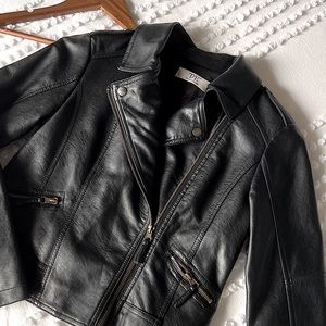Leather Fur-Lined Biker Jacket in Black